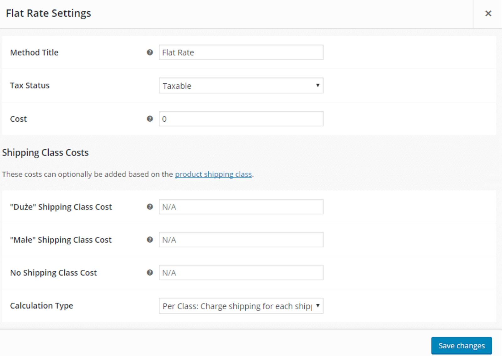 Shipping Class settings for Flat Rate Shipping method