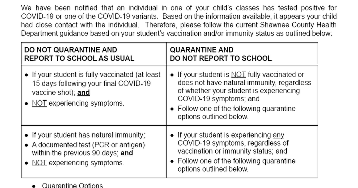 Copy of Parent Letter - Close Contact/Quarantine for COVID-19 Positive in Class