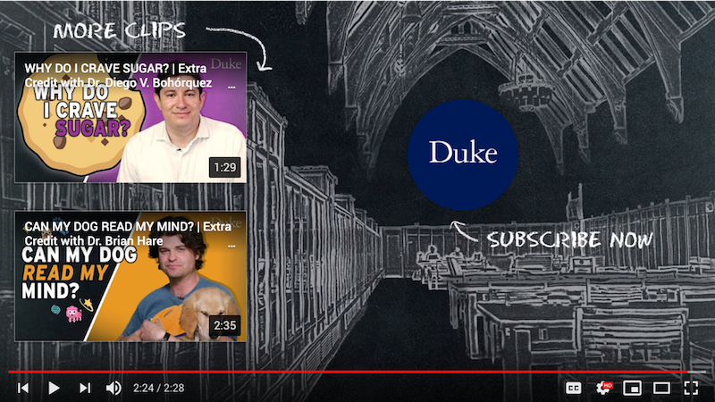 Example of an end screen from a Duke YouTube video