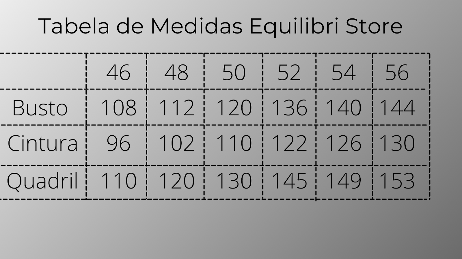 Tabela de medidas Equilibri Store