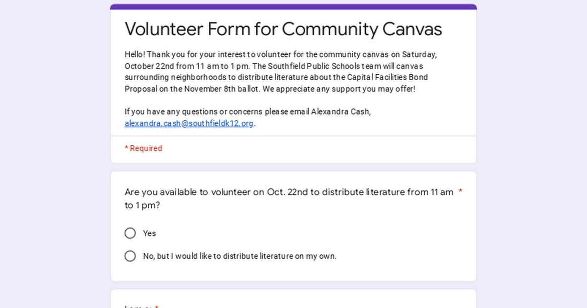 Volunteer Form for Community Canvas