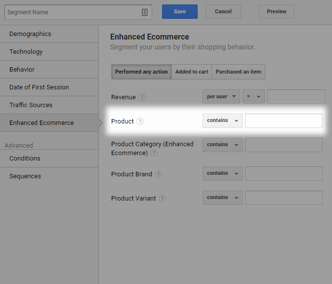 Google Analytics screenshot showing the 'product' field