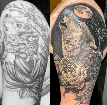 Wolf And Moon With Flower Cover Up Tattoo Ideas