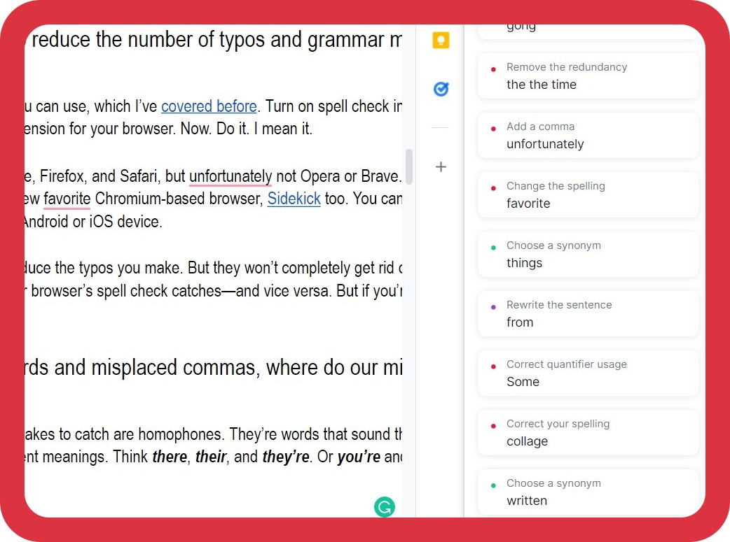 A screenshot of the Grammarly extension in Google Docs with several suggestions in the list on the right.