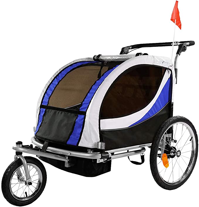 Clevr Deluxe 3-in-1 Double 2 Seat Bicycle Bike Trailer Jogger Stroller for Kids Children | Foldable Collapsible w/Pivot Front Wheel