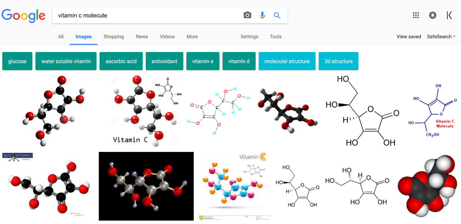 Molecular structure of Vitamin C showing comparison between natural and synthetic forms