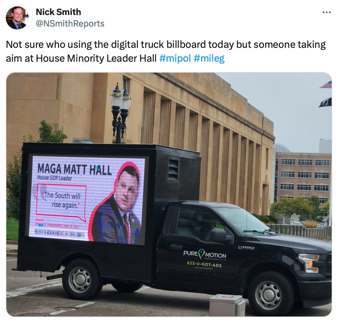 Nick Smith tweet about the mobile billboard ads attacking MAGA Matt Hall