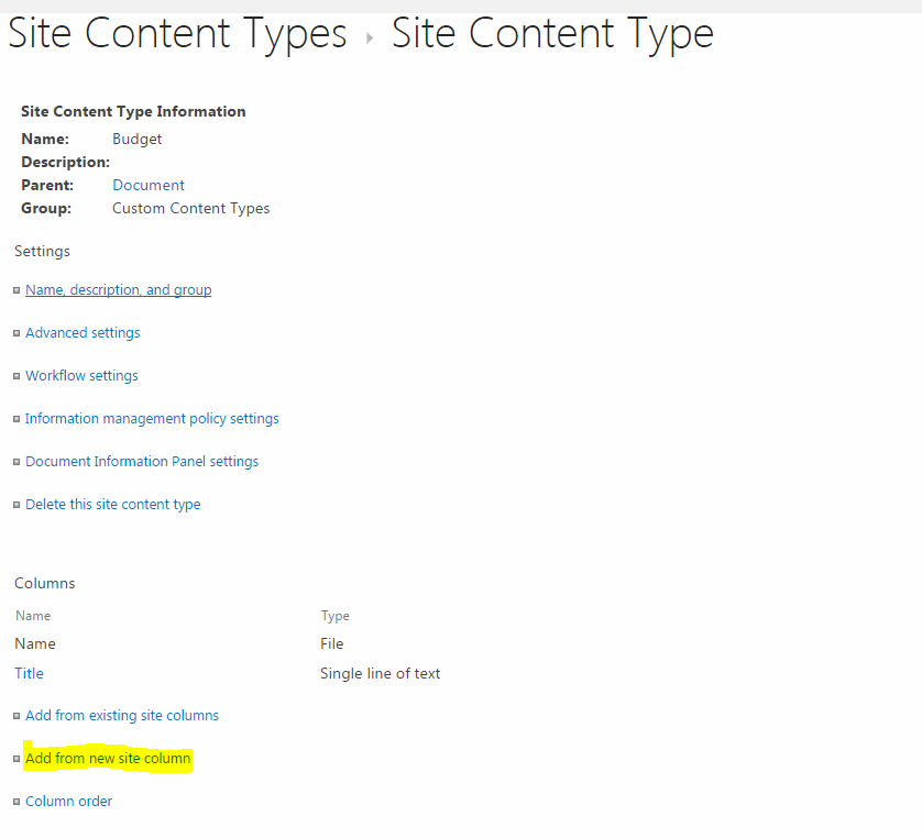 Create New Site Content Type - Add Columns