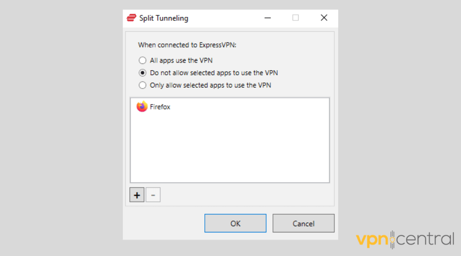 Split tunneling exceptions in the ExpressVPN app
