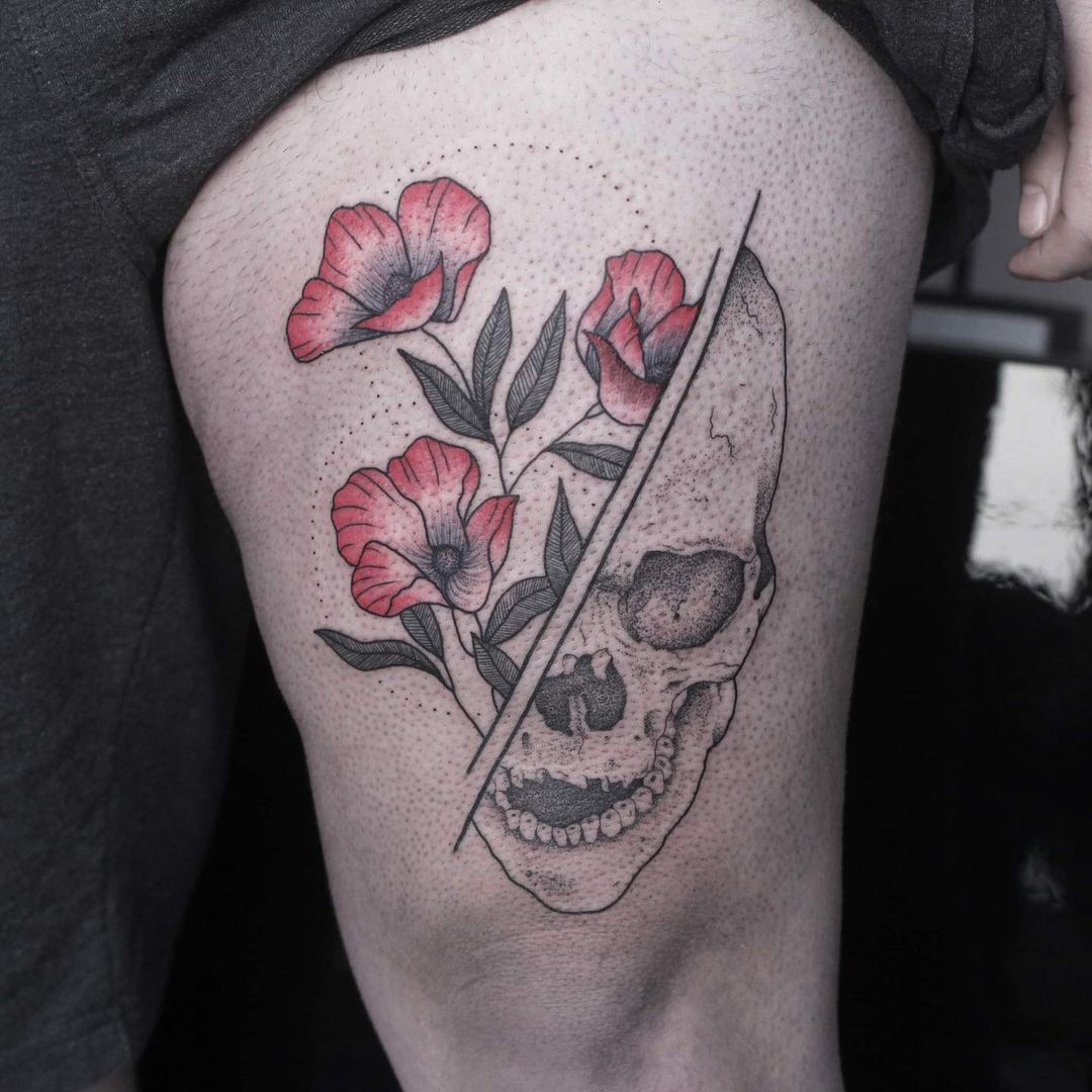 Half Skull And Half Flower Tattoo
