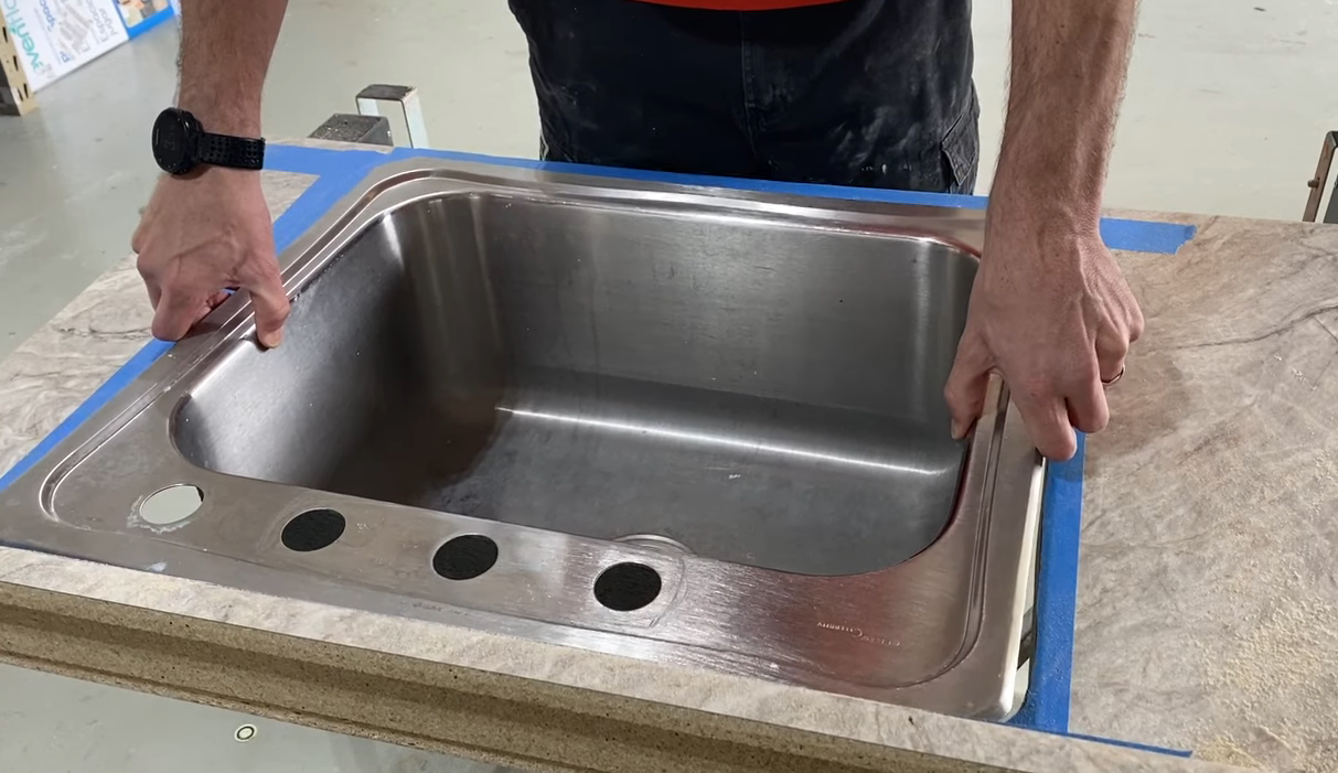 Test fitting the sink for the laminate countertop