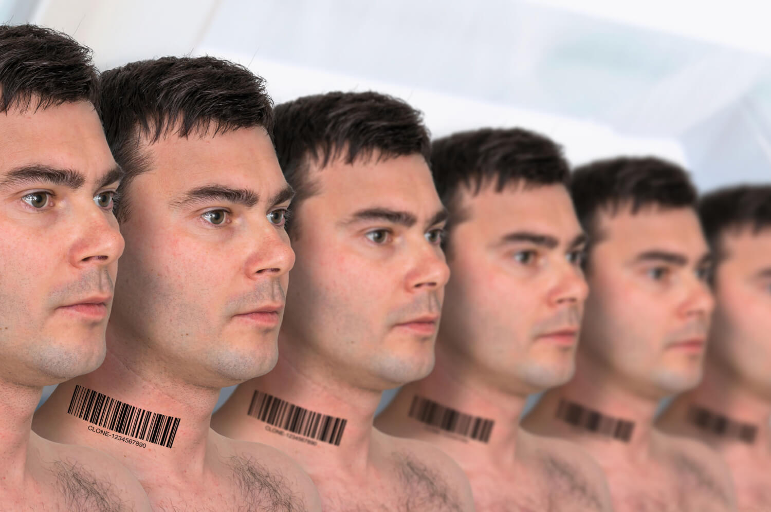 : Vários homens em uma fila com código de barras no pescoço - conceito de clone genético