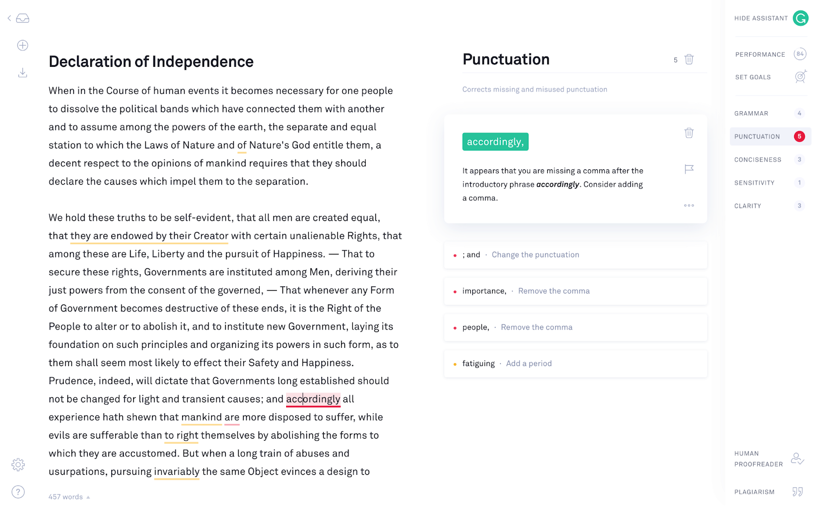 Grammarly app interface for spelling and grammar