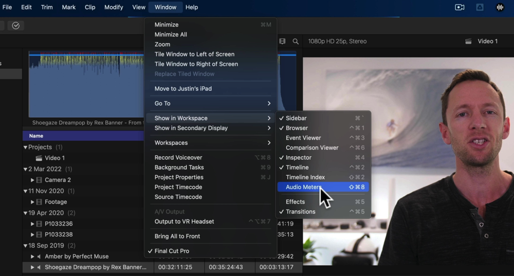 To turn on audio bars, go to Window, Show in Workspace and Audio Meters 