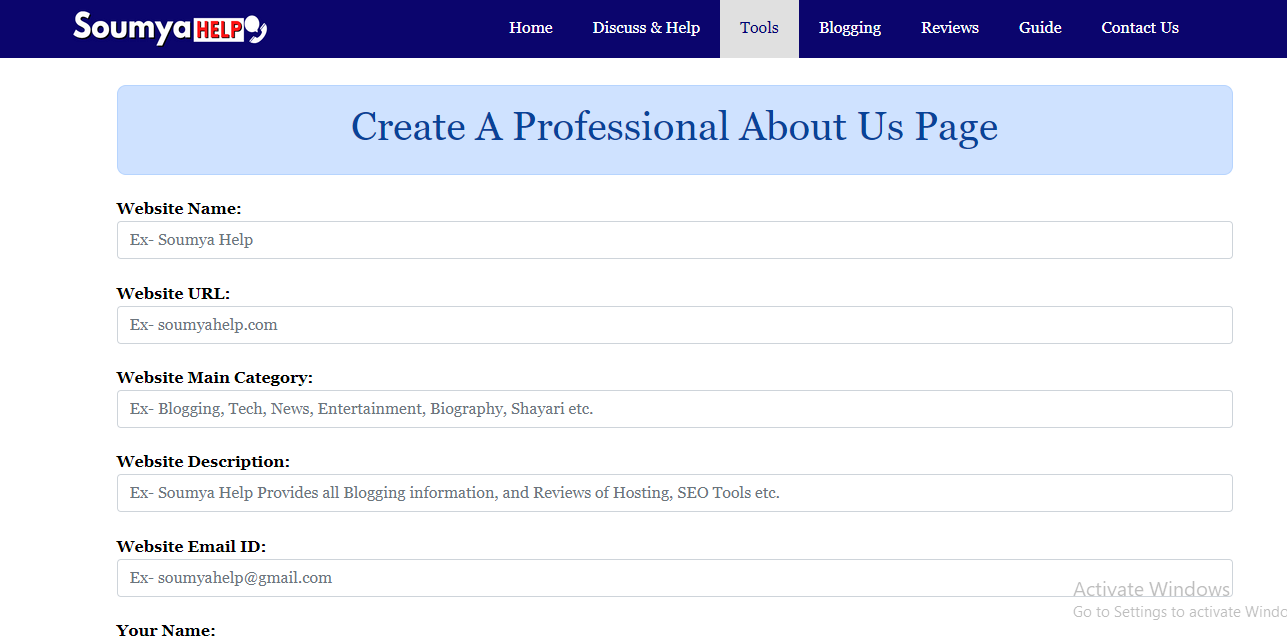 SoumyaHelp Free Professional about page generator
