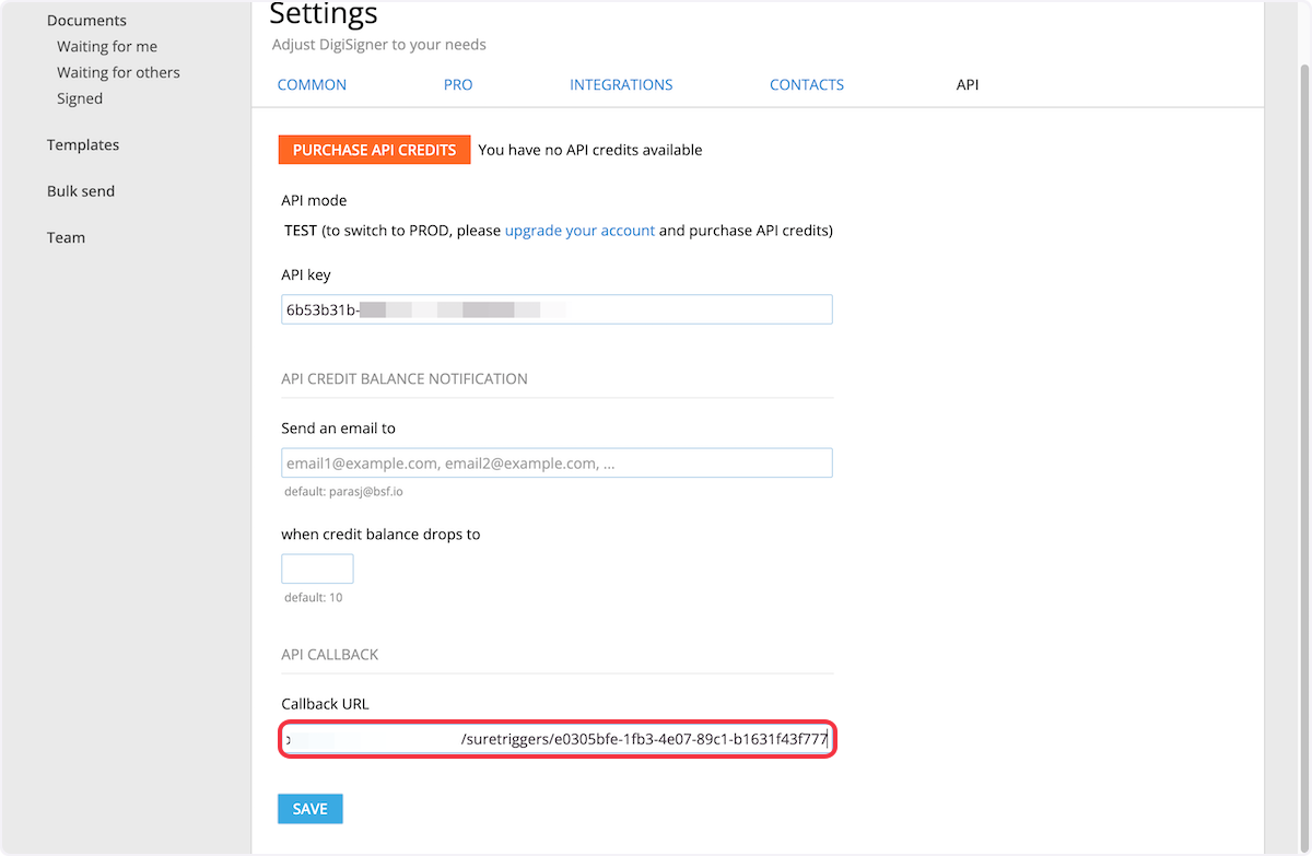 Copy the webhook link and paste it under the Callback URL field.
