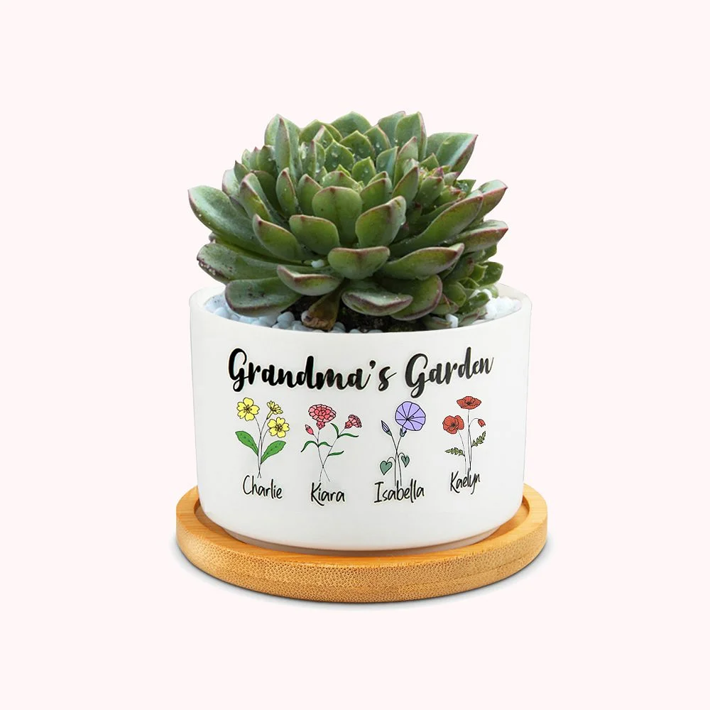 Personalized Ceramics Birth Flower Plant Pot Planter with Names Gift for Grandma Mom