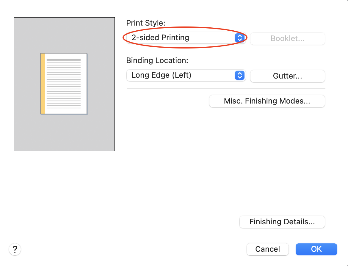 A red circle around 2-sided printing selected in the print style box