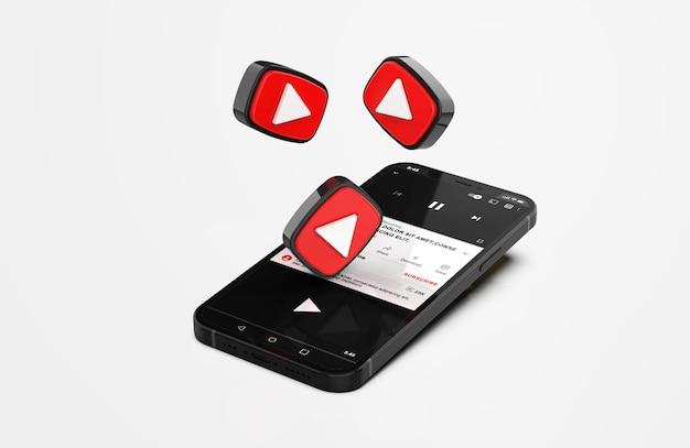 Youtube on mobile phone mockup with 3d icons Free Psd