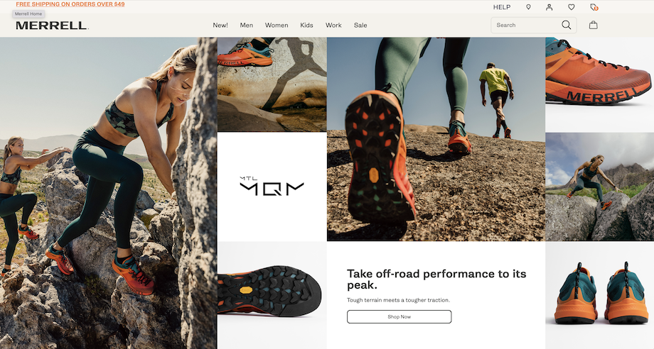 A screenshot of Merrell's website showing multiple images of people running, climbing, and hiking through rough mountain terrain. A prime example of commercial use for adventure photography.