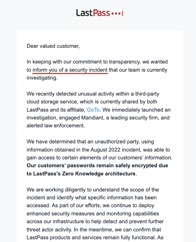 Example of an email from LastPass about a data breach.