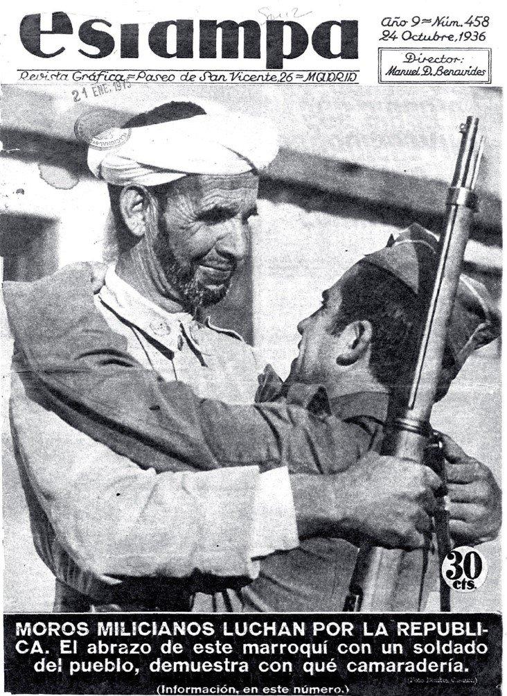 عنوان هذا الغلاف لعام 1936 لمجلة Estampa: الميليشيات المغربية تقاتل من أجل الجمهورية (مجلة Estampa)