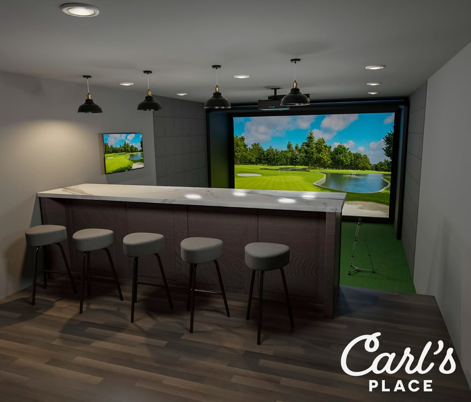 Golf simulator rendering with seating area
