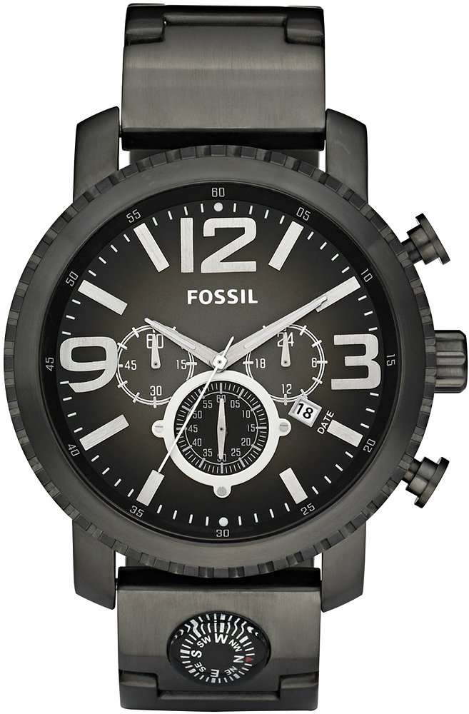 Amerykański, męski zegarek Fossil JR1252 na stalowej, czarnej bransolecie, z tego samego materiału jak i w tym samym kolorze jest zrobiona koperta zegarka. Analogowa tarcza jest w czarnym kolorze z białymi indeksami jak i subtarczami. Na tarczy znajduje się również datownik.