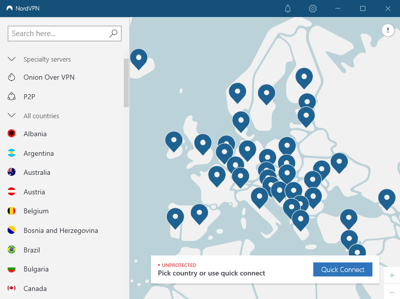 Server list in NordVPN app