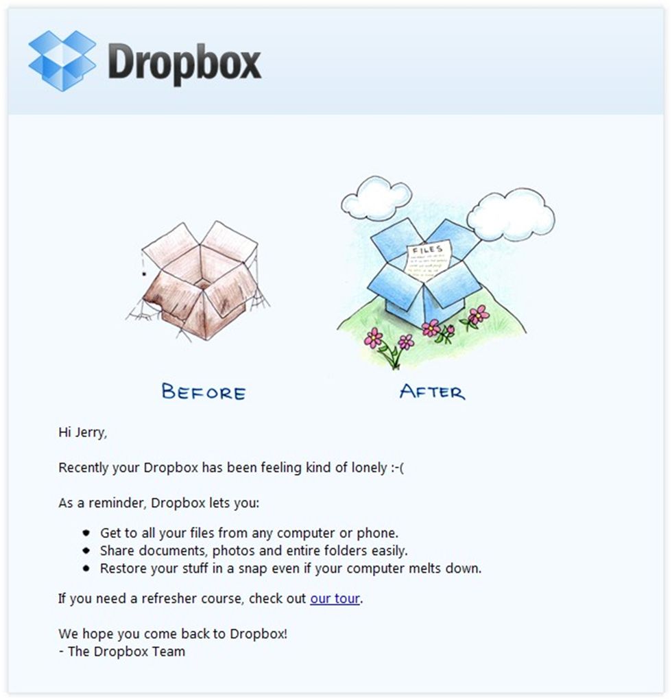 email template of dropbox for re engagement marketing campaign