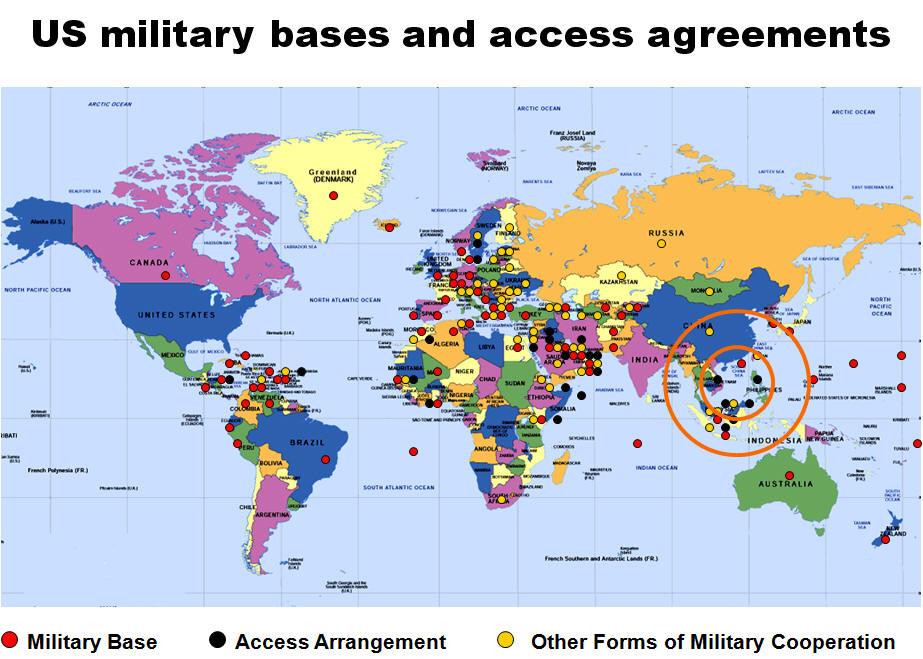 World Map showing Countries with US Military Bases, Access Arrangements,  Status-of-Forces Agreements, and other forms of Military Cooperation |  Philippine Peace Center