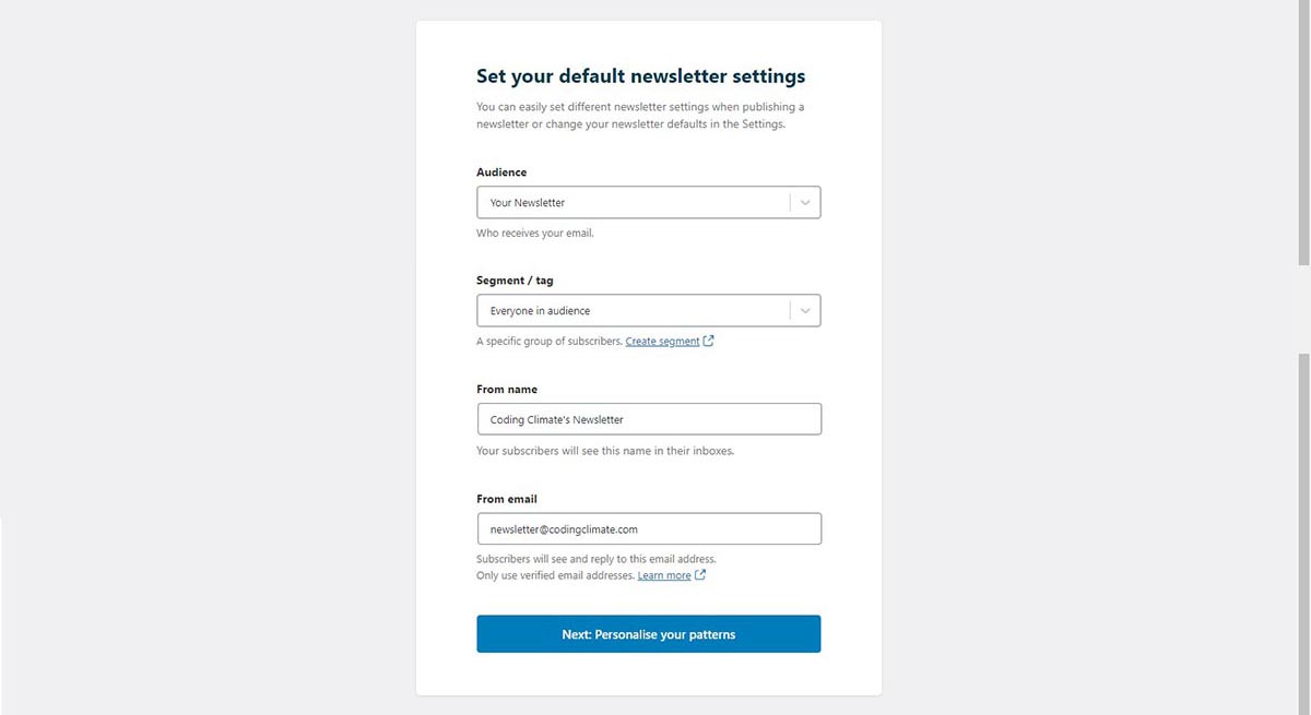 Set your default newsletter settings onboarding page.