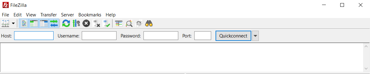 The opening screen of Filezilla