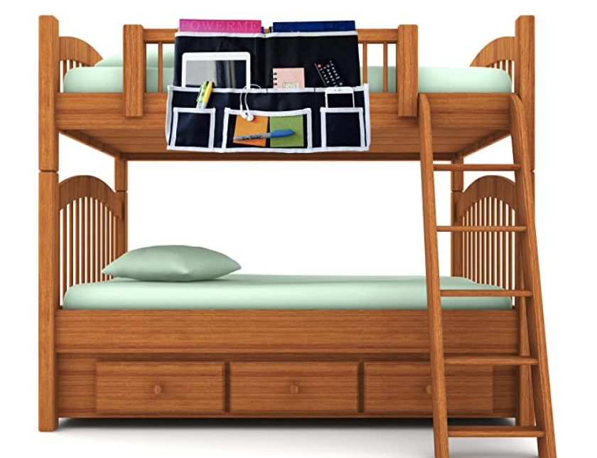 Bedside caddies provide temporary storage for top bunk beds - they are great bunk bed accessories