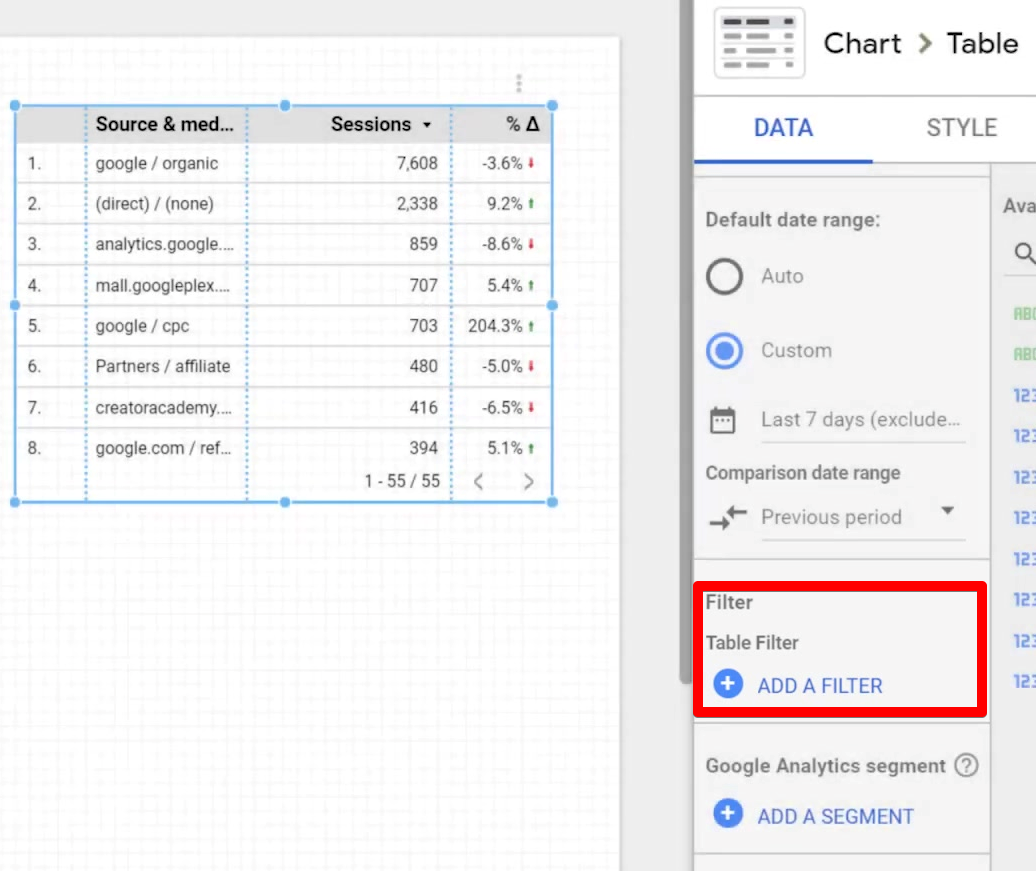 Utilizing the table filter for a new chart on the data studio account