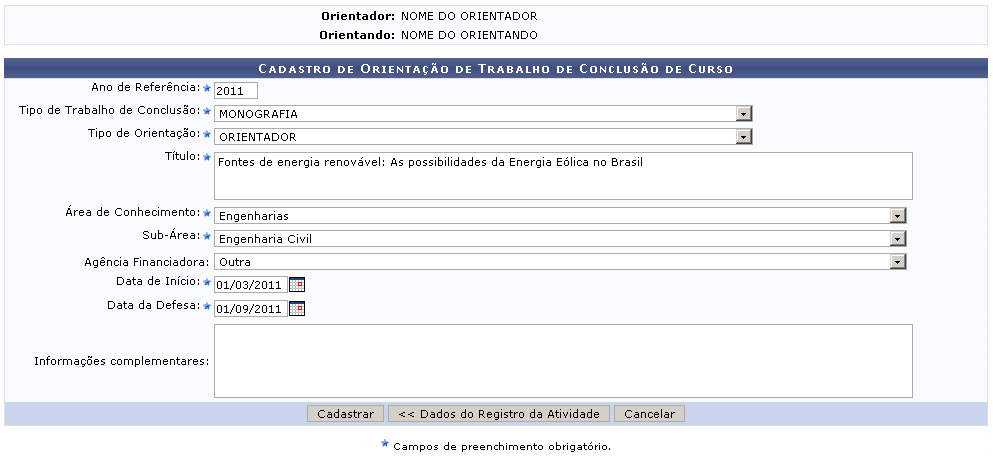 Figura 5: Cadastro de Orientação de Trabalho de Conclusão de Curso