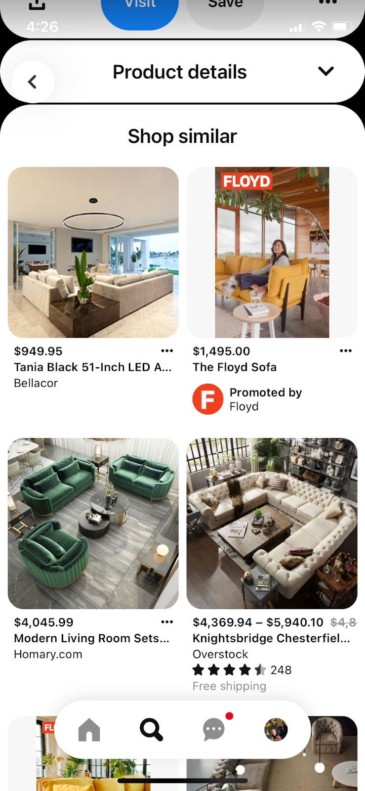 Screenshot of Shop Similar furniture options on Pinterest - 