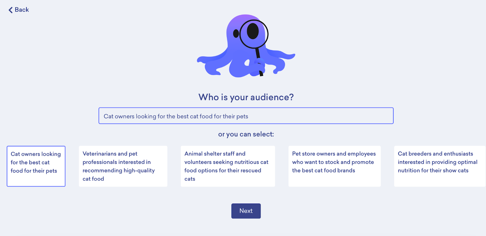 The Decktopus webpage that asks you who is your audience for this presentation. 