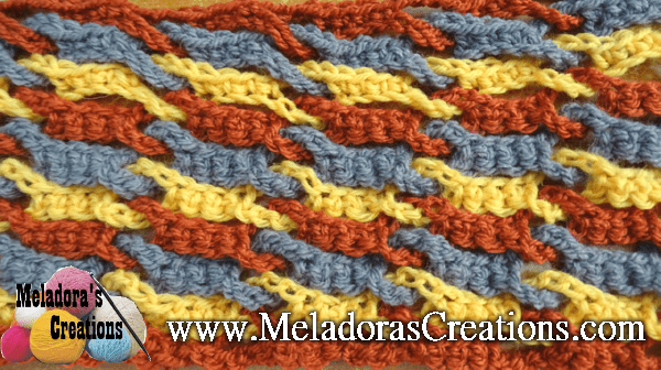 single weave and link stitch swatch in three colors
