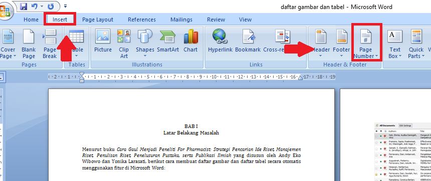 Cari ikon bernama “Page Number” di kotak sub menu “Header & Footer”. 