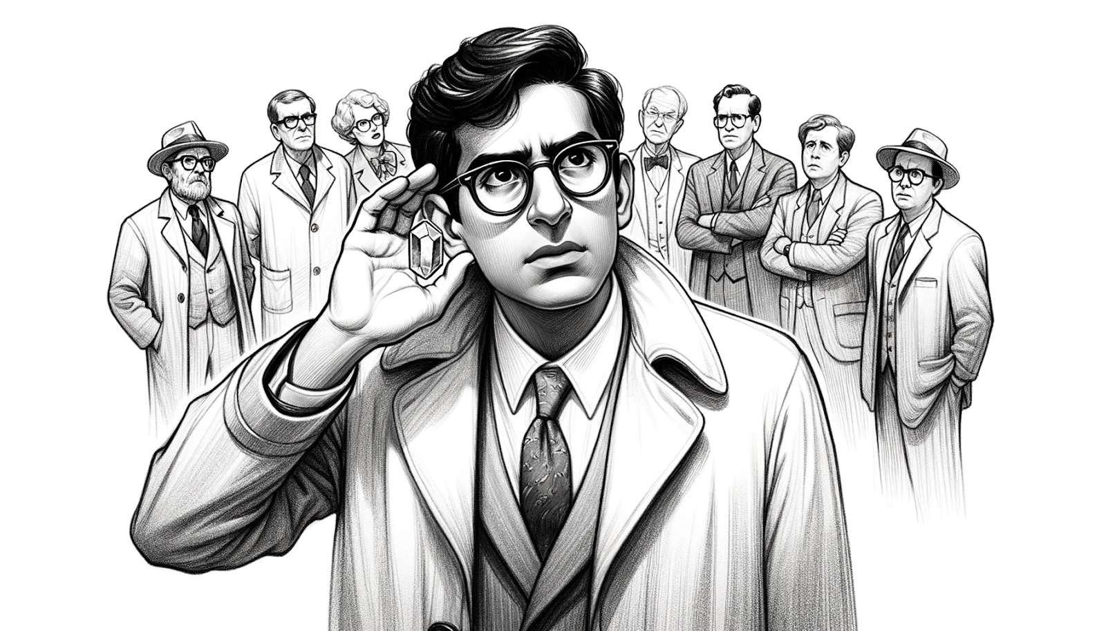 Prompt
Drawing of Dr. Arjun Patel, a young man with glasses, holding the crystal up to his ear, a puzzled look on his face, as the rest of the crew gathers around curiously.