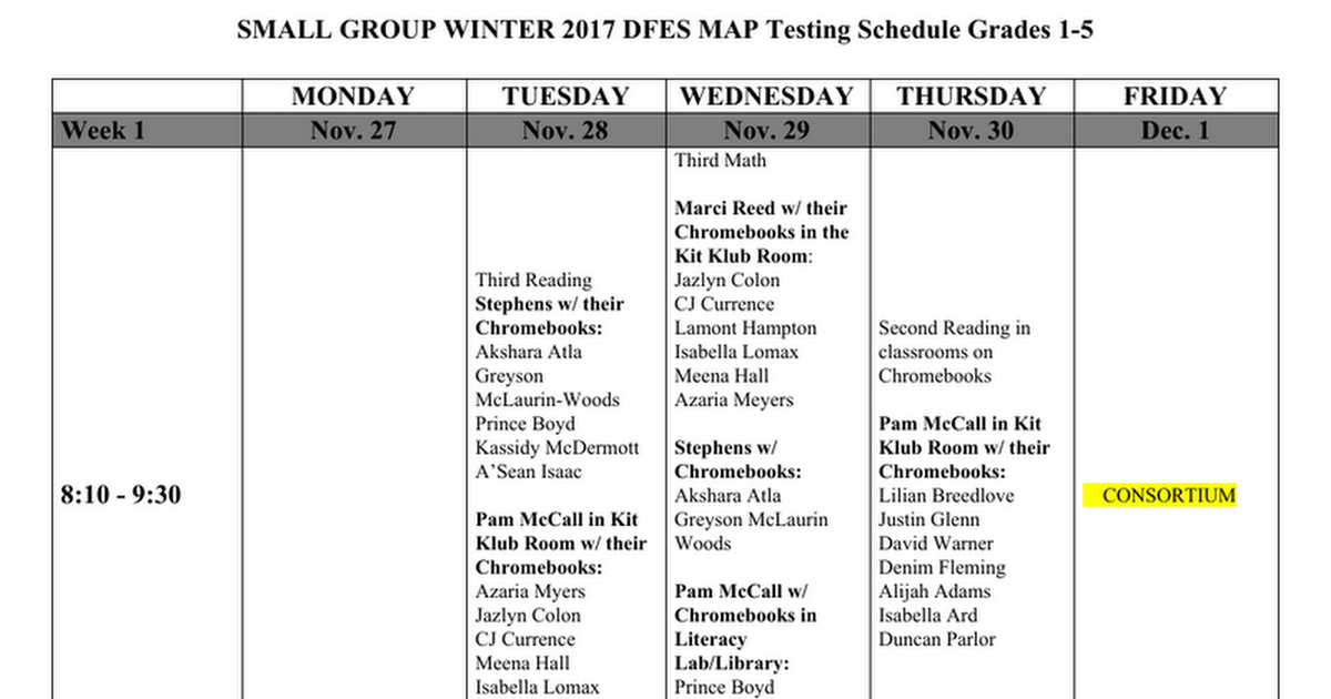 Small Group Winter 2017 DFES MAP Testing Schedule 1-5 Grades 