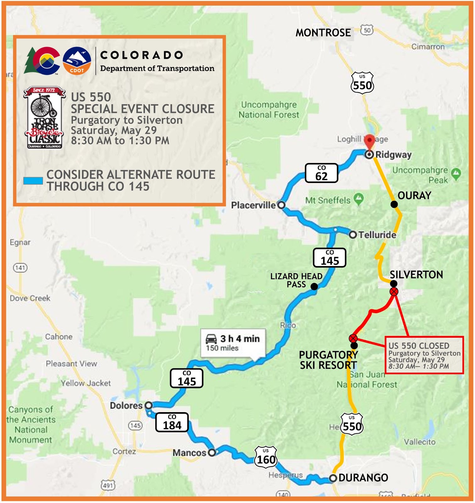 Map of alternate routes to avoid the closure on US 550