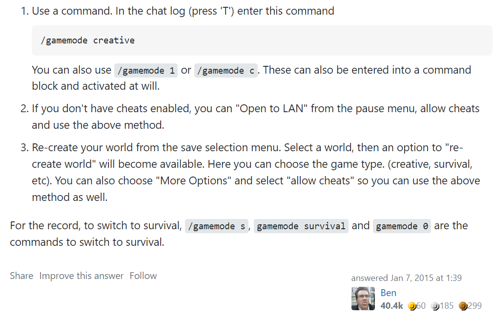 StackExchange post explaining how to enable creative even when cheats aren't enabled, using Open to LAN