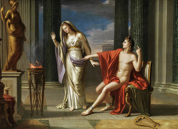 The depicted scene portrays Apollo in a red cloth that scarcely conceals his physique, seated on a chair and extending his arm towards Vesta. Vesta, on the other hand, stands in a modest dress with her hair veiled, turning away from Apollo. 