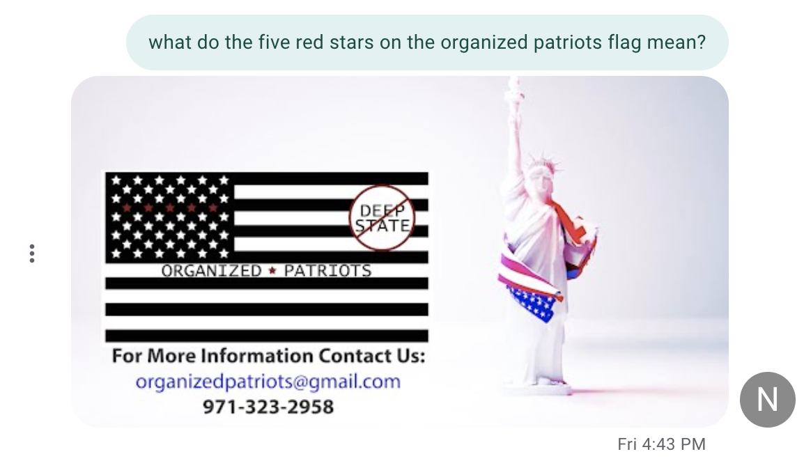 screenshot of a text message. message read "what do the five red stars on the organized patriots flag mean?"
