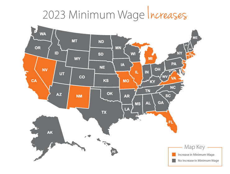 Map of U.S. States with 2023 Minimum Wage Increases