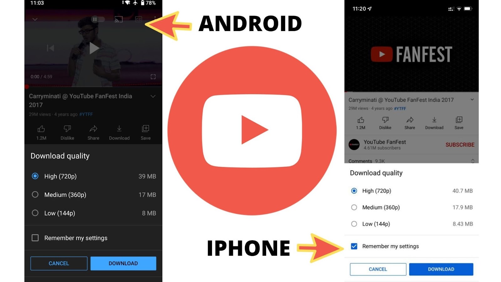 Youtube iPhone or android download quality