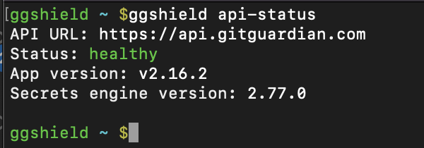 ggshield api-status output showing the status: healthy