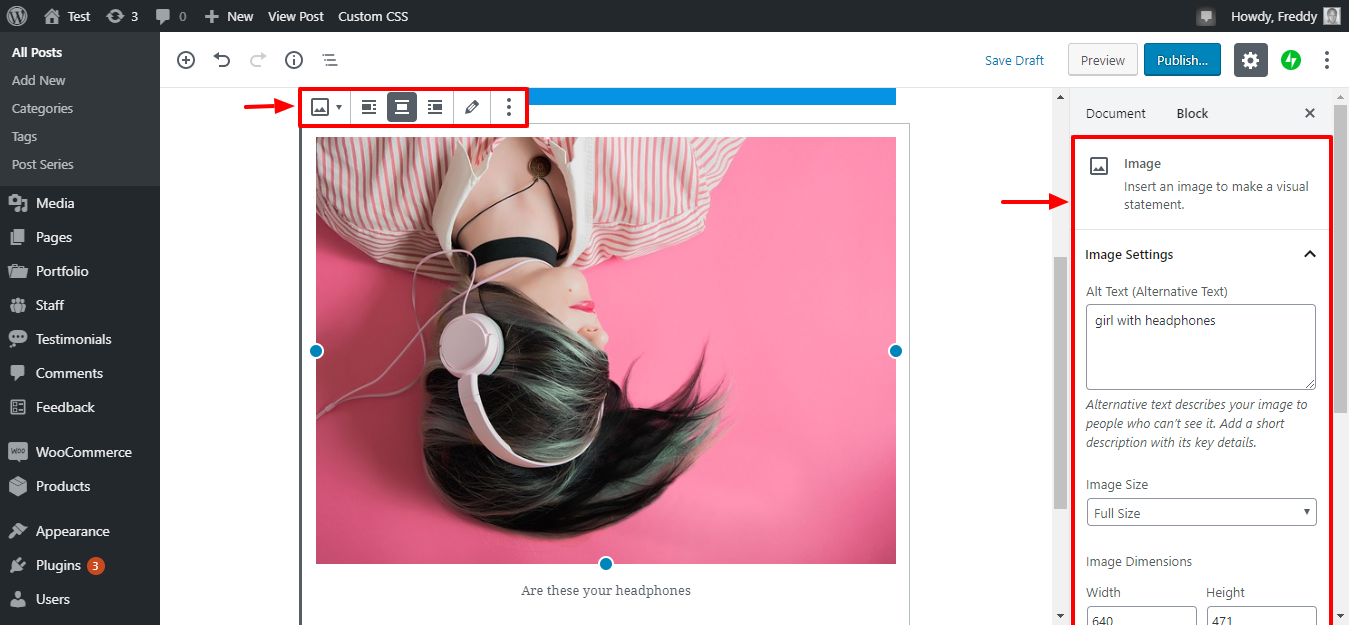 configurações do bloco de imagem gutenberg
